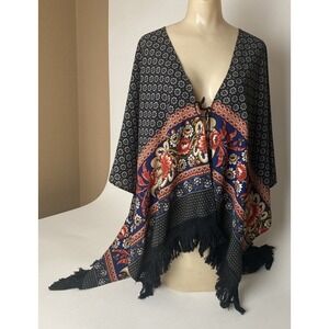 Umgee Poncho S/M Boho Topper Cardigan Coastal Granny Cowgirl floral fringe